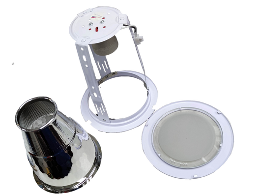 Biglite 4 inch E27 downlight fixture components including reflector, mounting bracket, and diffuser lens