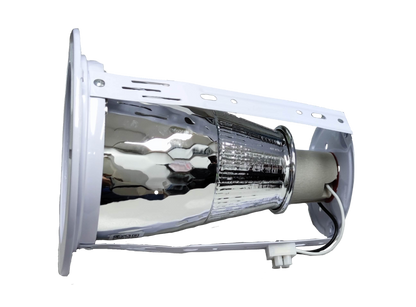 Biglite 4 inch E27 downlight fixture with reflective interior and white mounting bracket