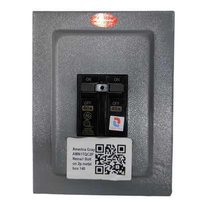 Electrical breaker panel with labels and a QR code on a white background 40A 2pole Bolt On circuit Breaker with Nema 1 Metal Enclosure available at Electx Electrical SUpply