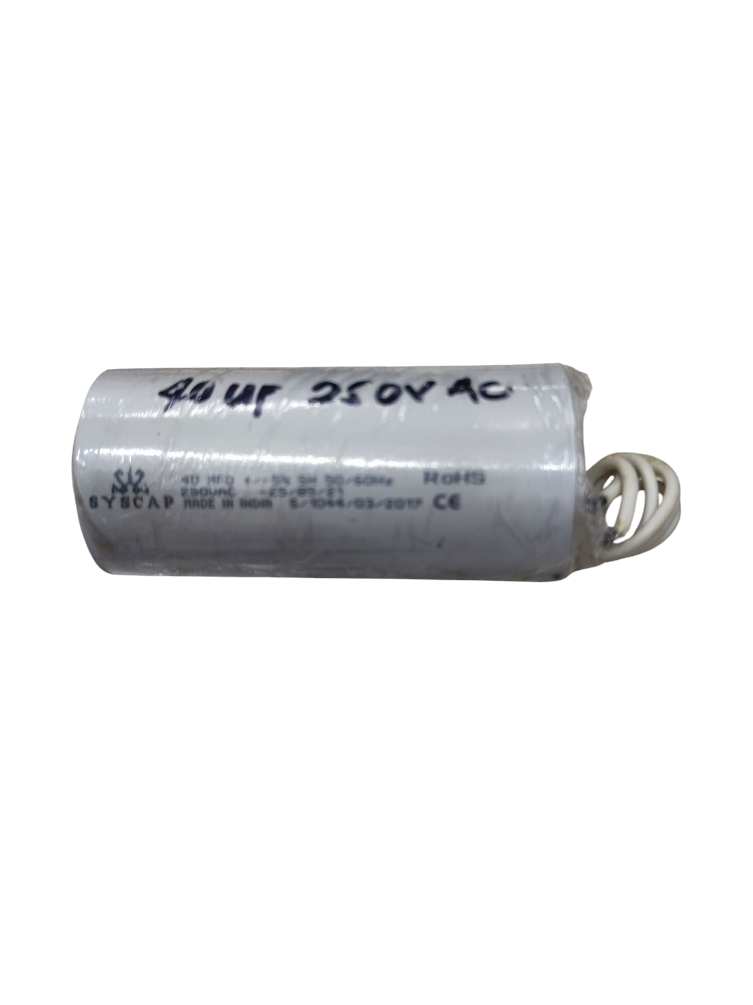 Syscap 40uF 250V Running Capacitor electrical component with white cylindrical body and wires