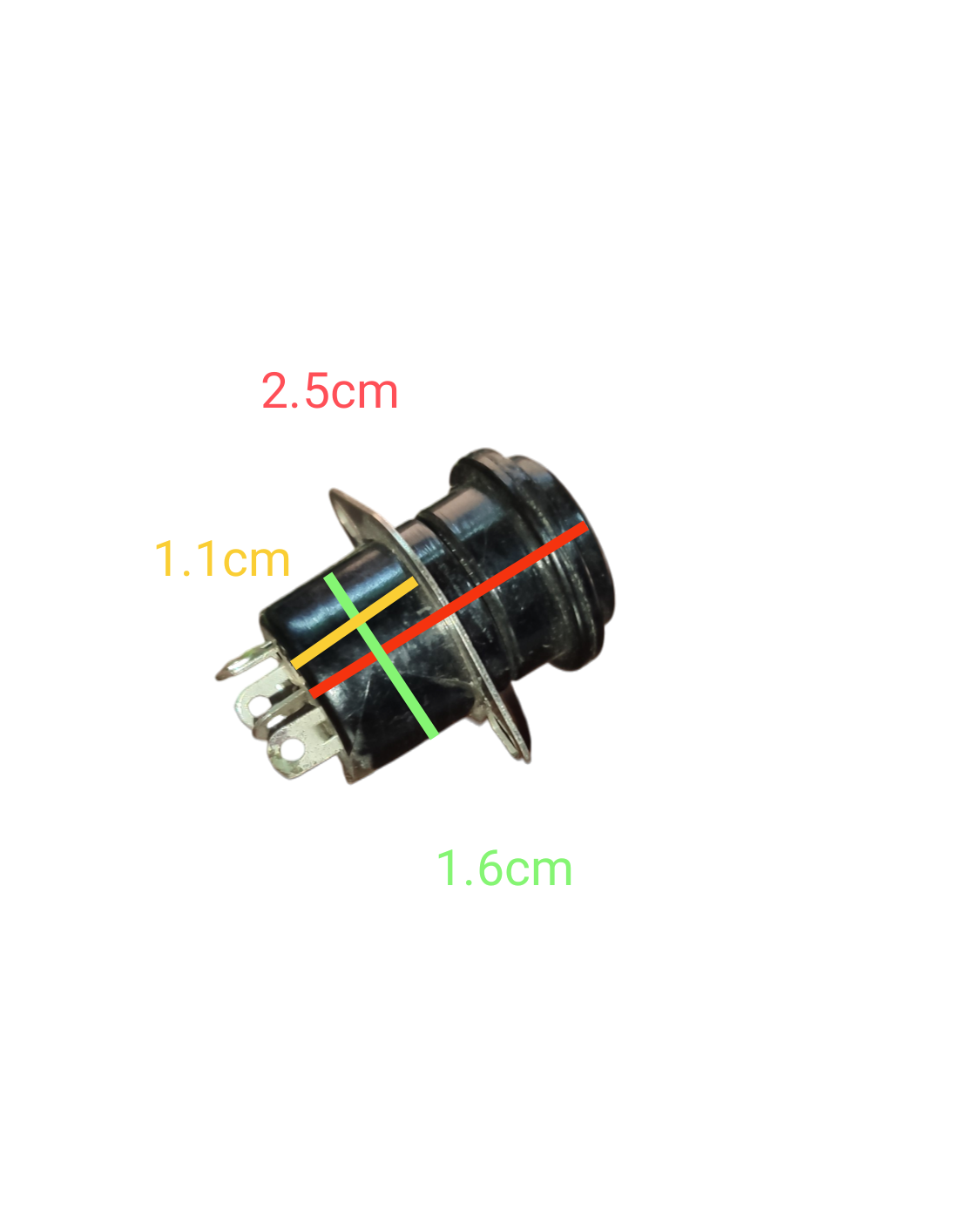 Black 5 pin DIN chassis connector with metal flange and measurement markings on a black background