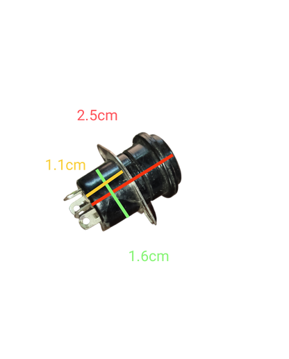 Black 5 pin DIN chassis connector with metal flange and measurement markings on a black background