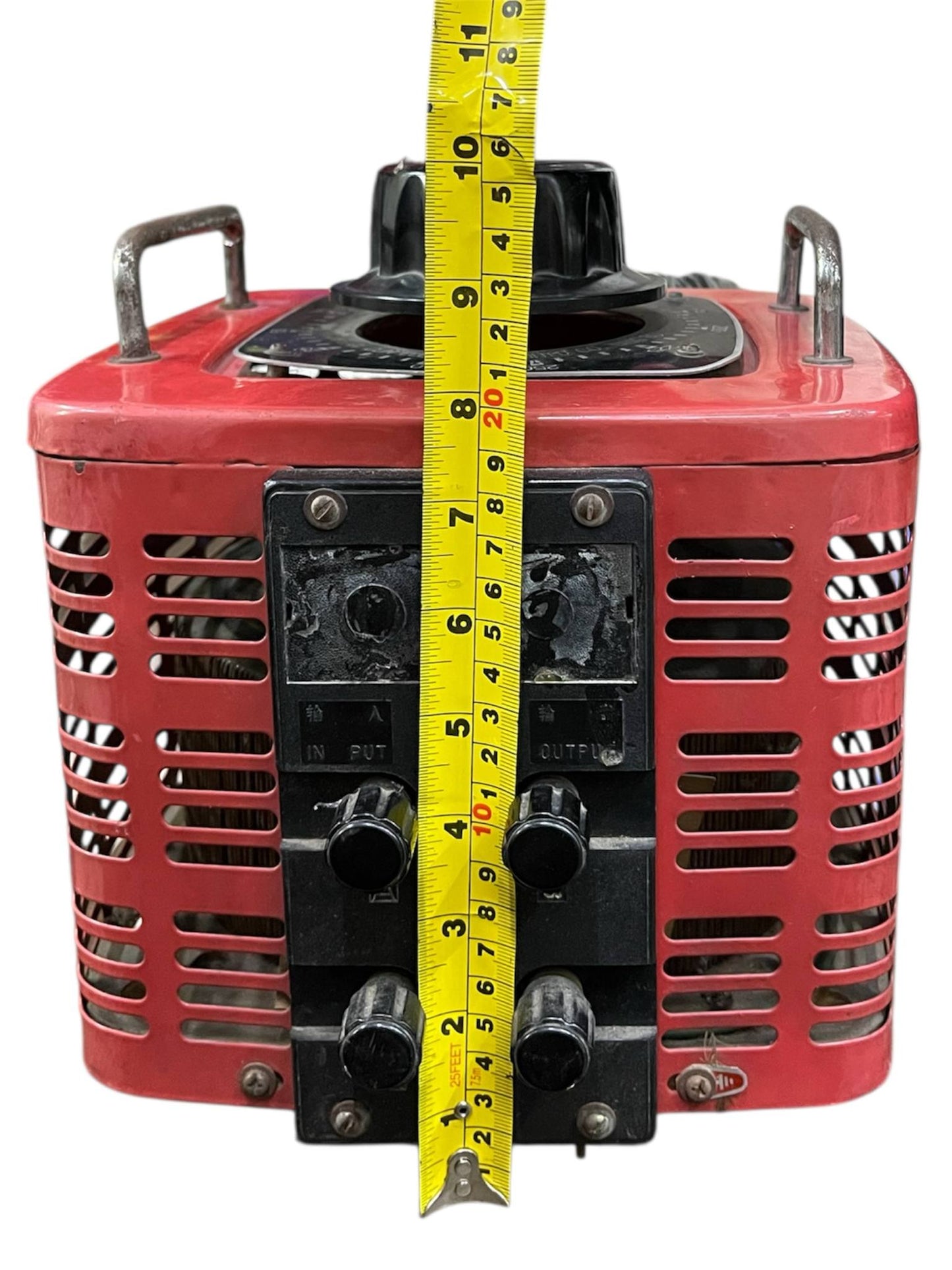 Stavol 5000W variac transformer in red metal casing with front control knobs and handles