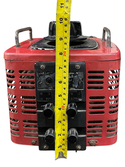 Stavol 5000W variac transformer in red metal casing with front control knobs and handles