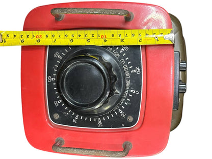 Stavol 5000W variac transformer with red housing and black control knob measuring over 9 inches wide