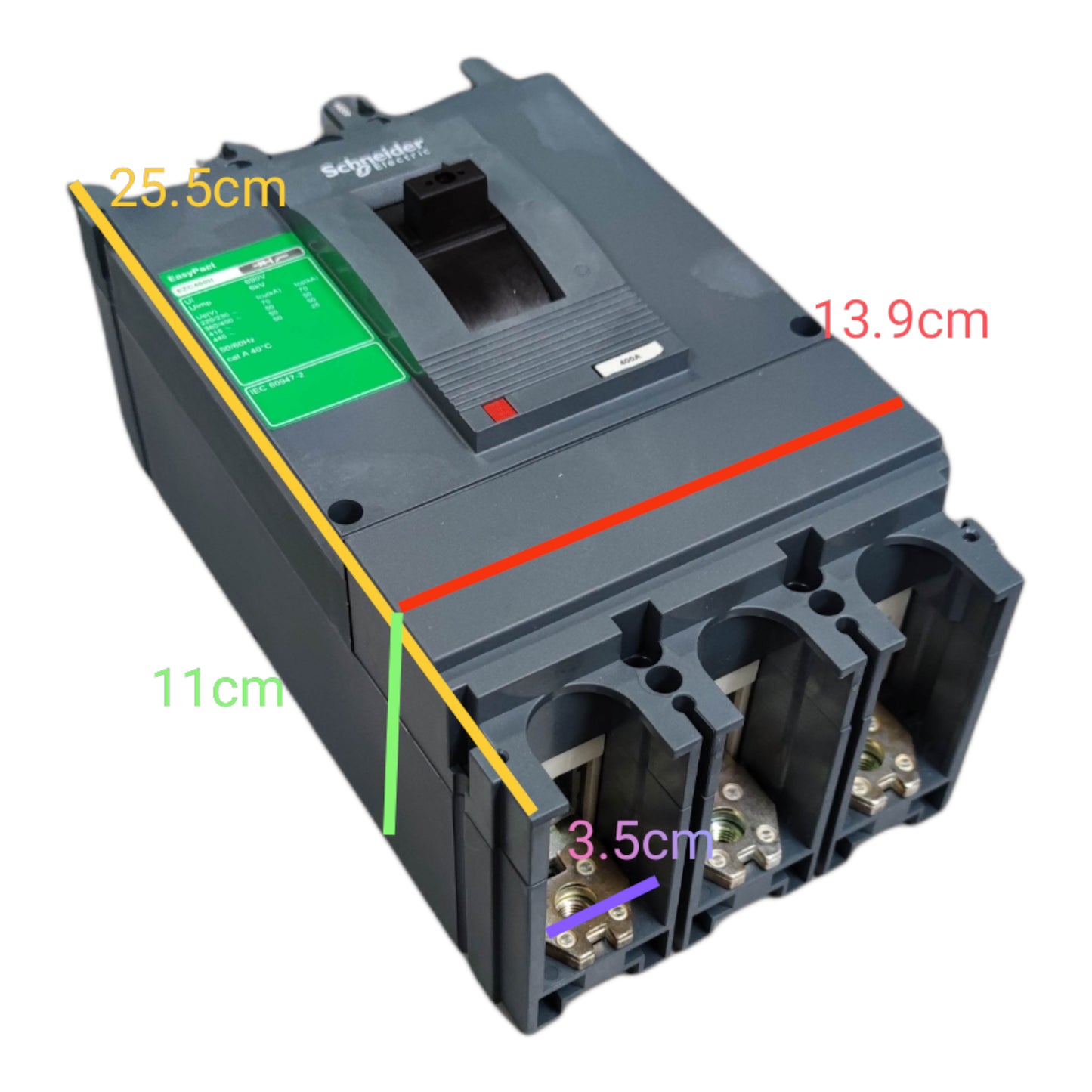 Schneider 500A 3 Pole Industrial Circuit Breaker with clear labeling and dimensions for easy identification