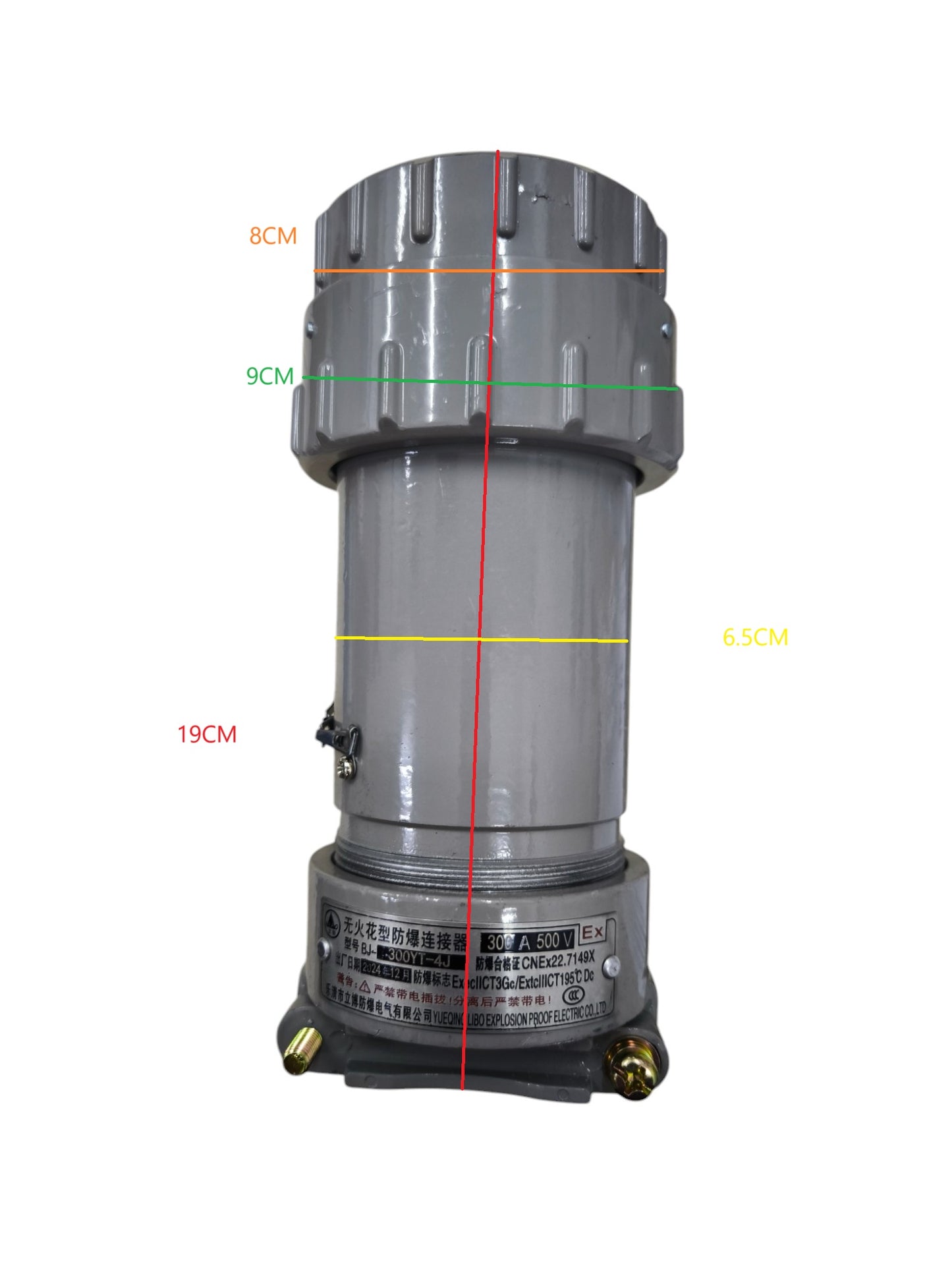 Grippes 500V 3 phase electrical connector with dimensions of 19cm height and 6.5cm width