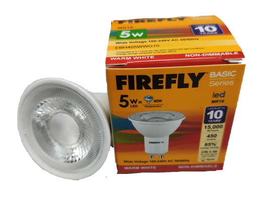 Firefly 5W MR-16 LED Warm White 3000K GU10 220V, MR16 5W LED WW 220V AC GU10