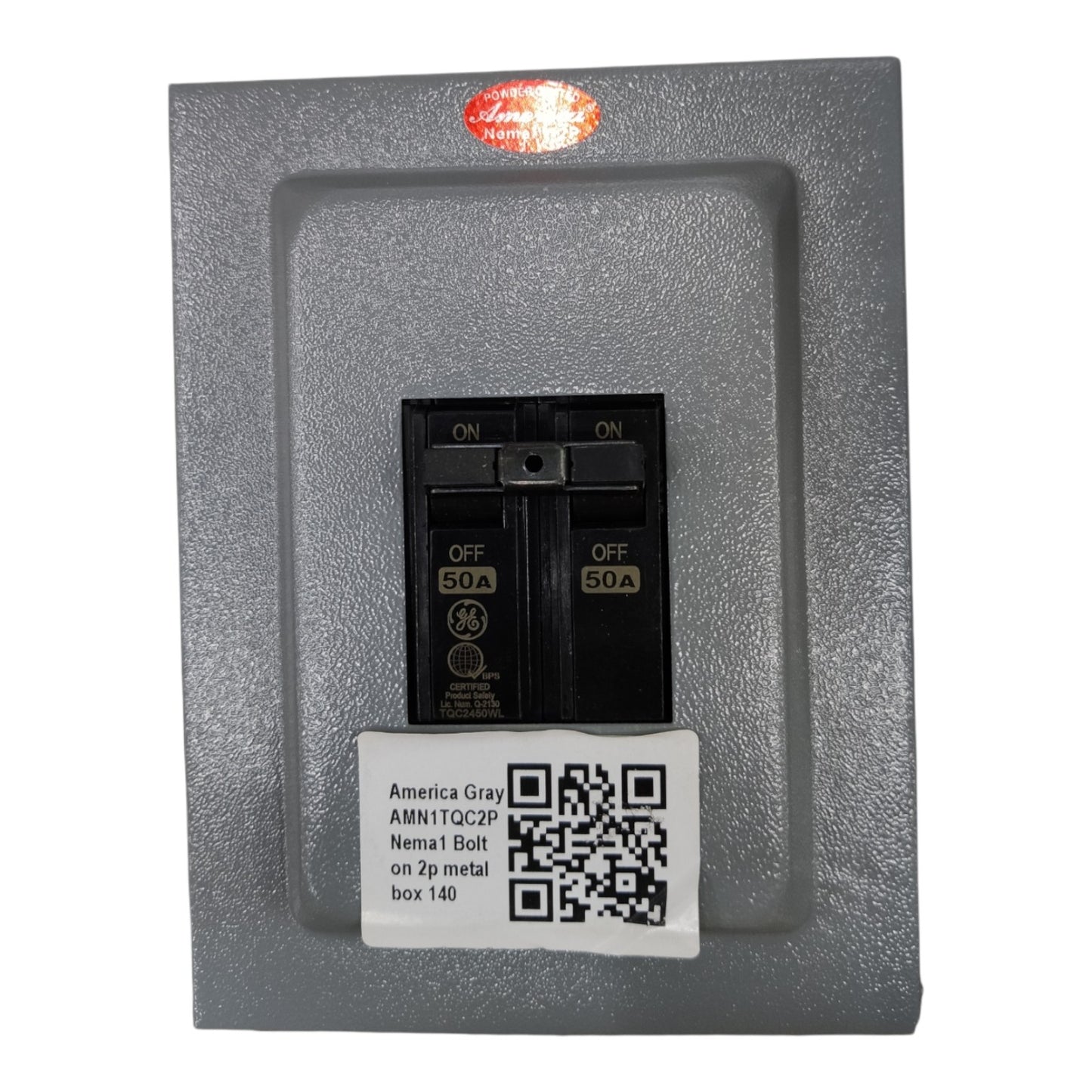 Electrical panel with breaker and label on a white background 50A 2pole Bolt On circuit Breaker with Nema 1 Metal Enclosure Available at Electx Electrical Supply