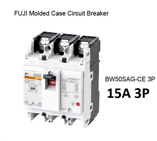 Fuji MCCB Molded Case Circuit Breaker BW50SAG-CE 15A 3Pole 10kAIC@230VAC, 7.5kAIC@380/440VAC, 5kAIC@500VAC Dimension (mm) 75(W)x 100(H)x 60(D)