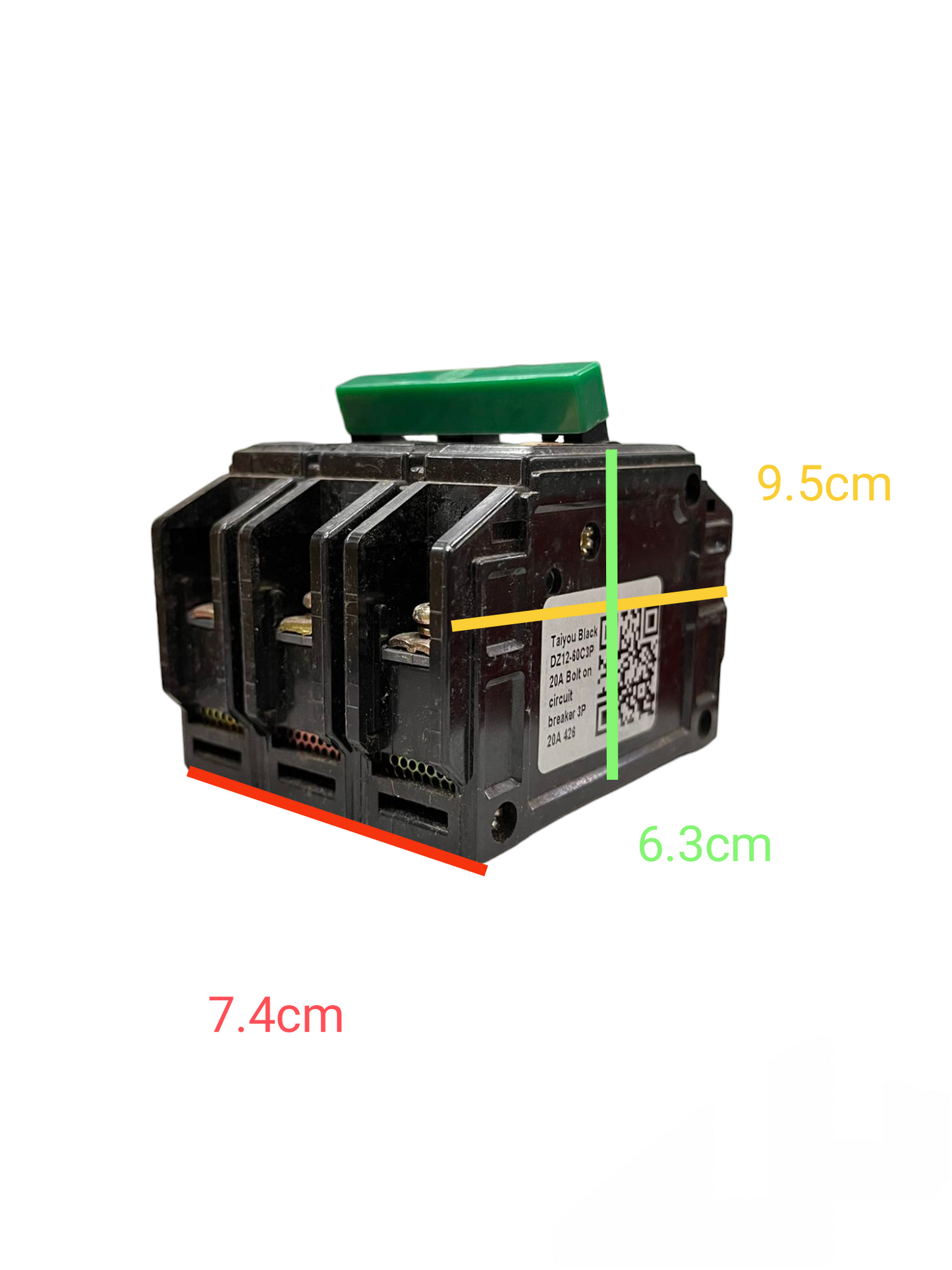 Taiyou 50A 3 Pole Circuit Breaker 10 KAIC with black body and green switch for electrical protection