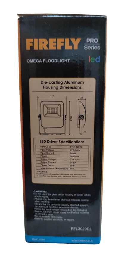 Firefly 20W LED Floodlight 220V Daylight 6500K FFL3020DL Omega Series Flood light