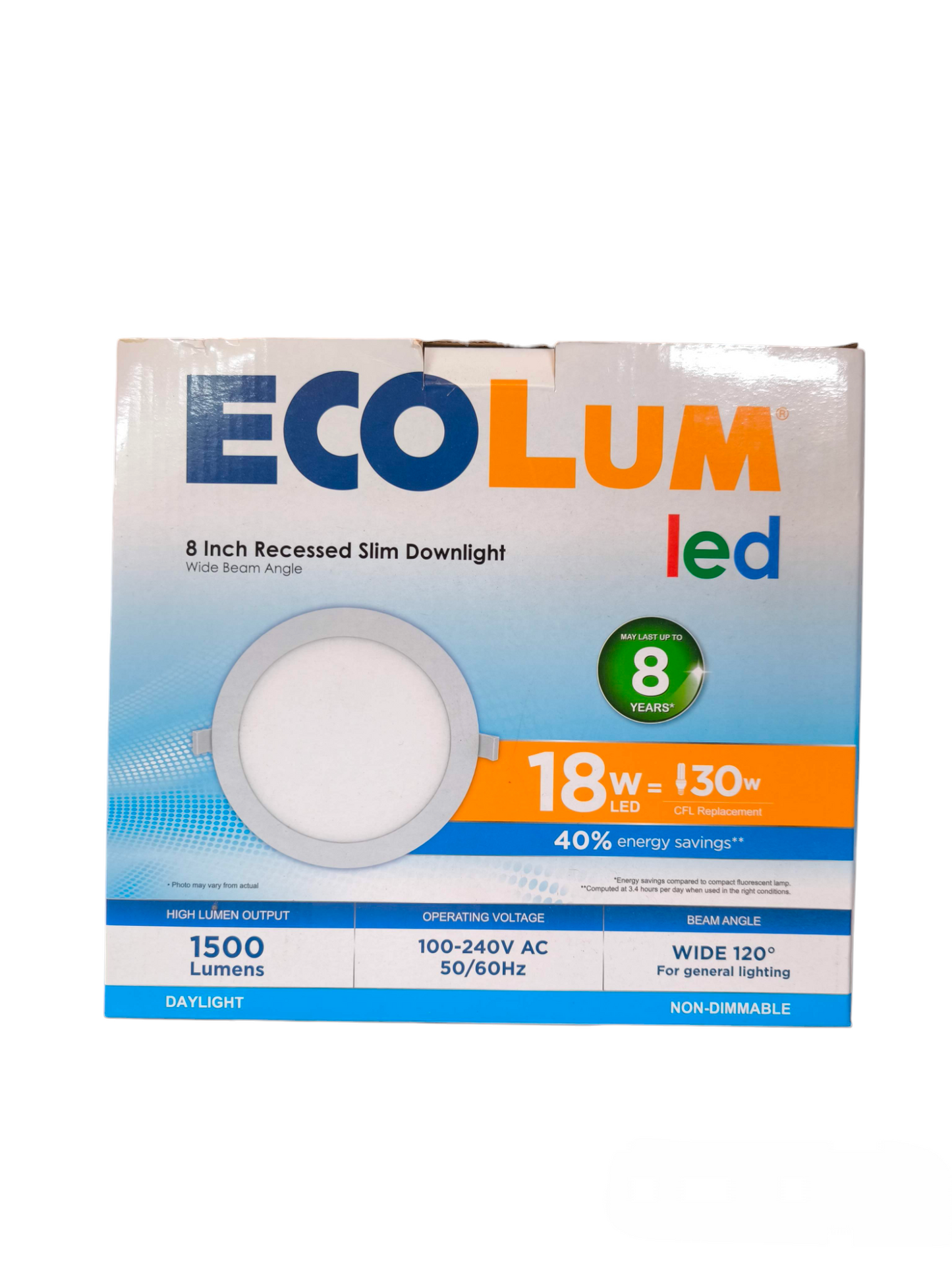 Ecolum 18W LED Downlight Daylight Slim Type 220V Daylight, 8 Inches