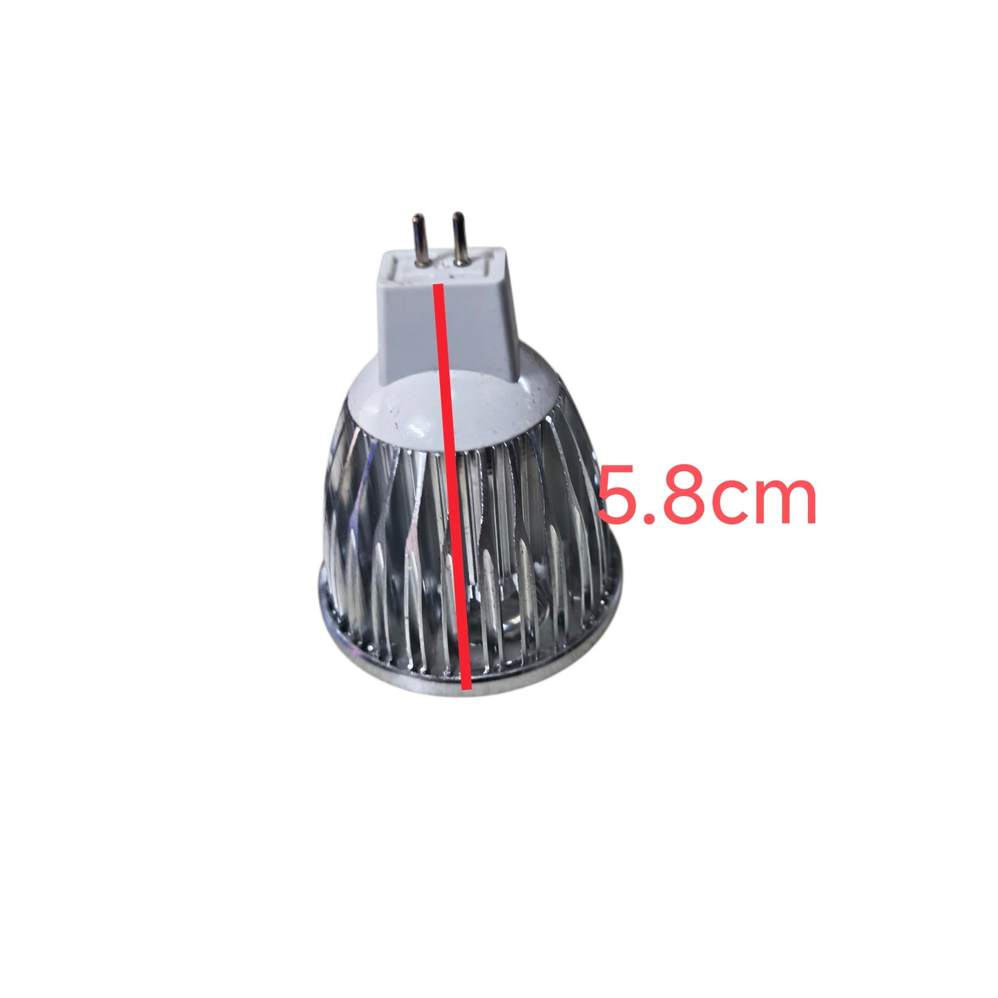 LED light bulb with measurement label on a white background