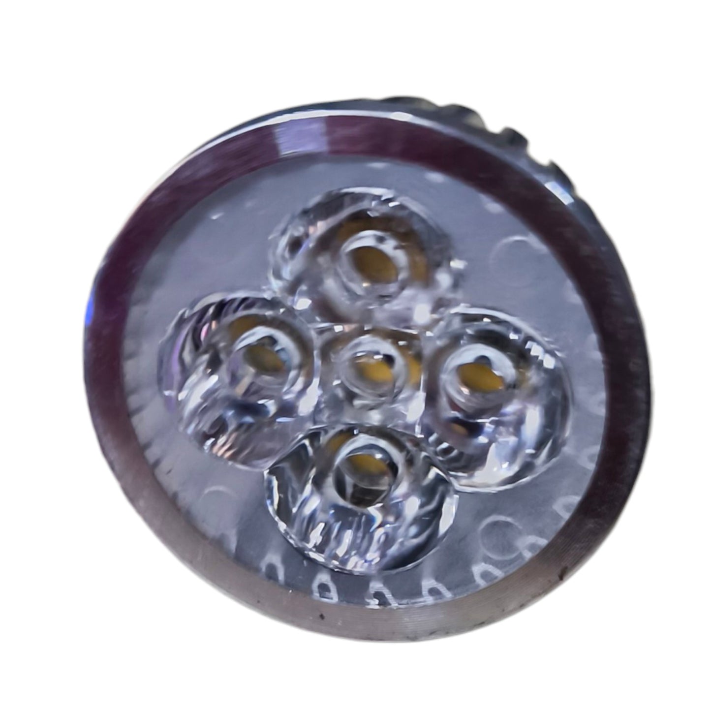 Round metallic light fixture with clear central component on a white background
