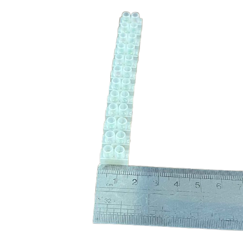 5A PVC terminal block 12 pairs with clear plastic housing and measurement ruler for size reference