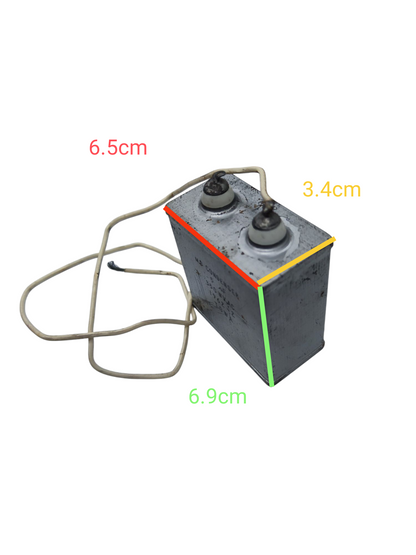 Towa 5uF 350VAC capacitor Condenser Type with dual connection terminals and mounting dimensions