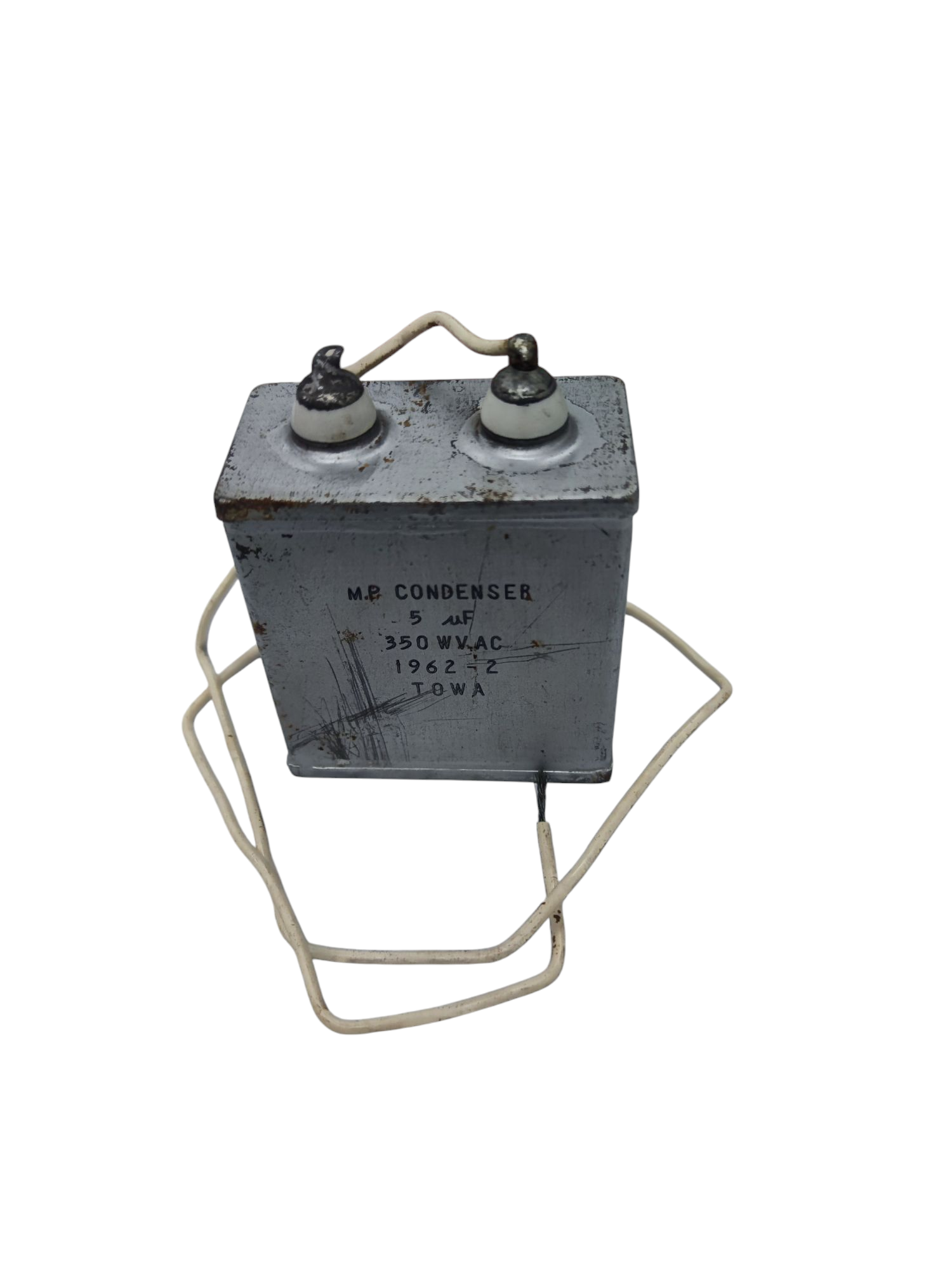 Towa 5uF 350VAC capacitor Condenser Type with wires and metal casing for electrical applications