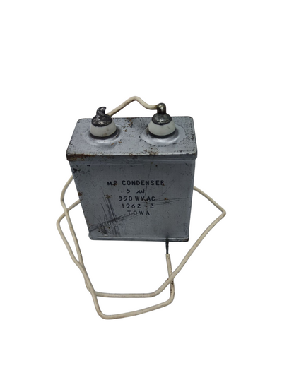 Towa 5uF 350VAC capacitor Condenser Type with wires and metal casing for electrical applications
