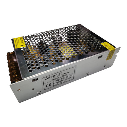 ZwitseRise 5V 10A regulated power supply unit with metal casing and ventilation holes for efficient heat dissipation