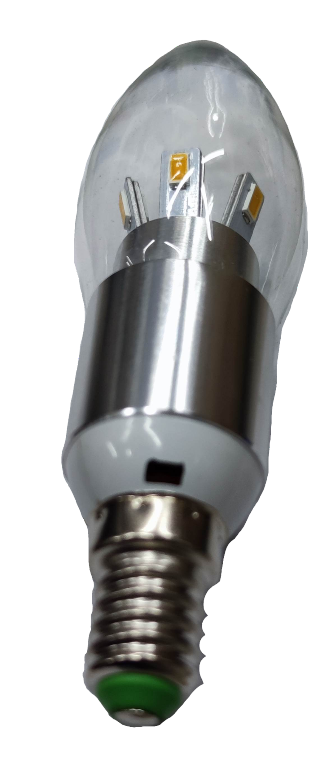 Close-up of 5W LED candle bulb E27 with clear glass and visible LED filaments
