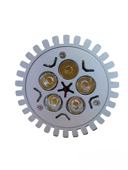 Front view of a 5W LED PAR30 bulb 220V with five LED lights in a silver heat sink casing