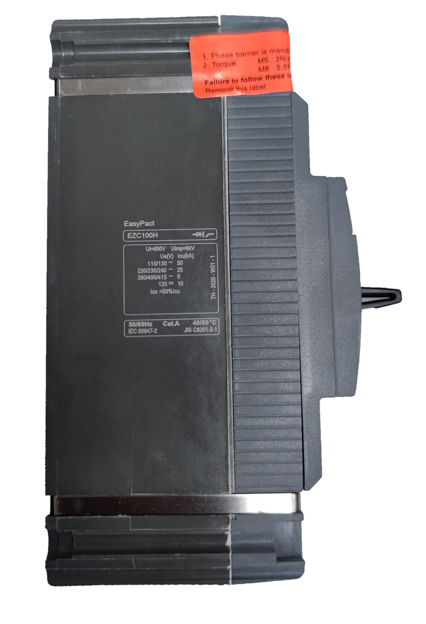 Schneider 60A 1 Pole Industrial Circuit Breaker 25KAIC EasyPact with black casing and red warning label