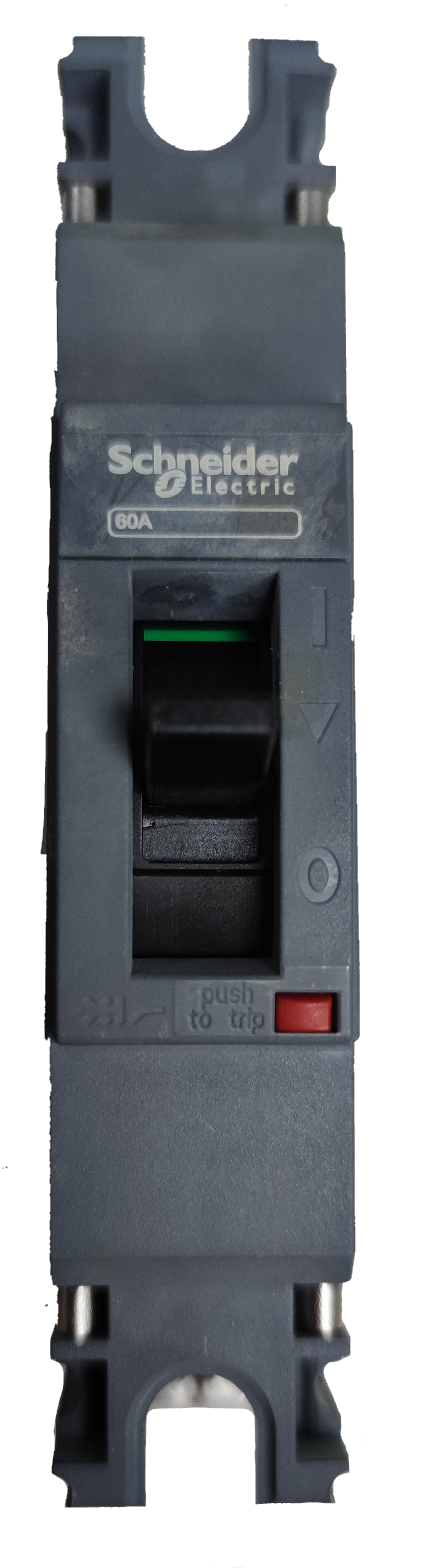 Schneider 60A 1 Pole Industrial Circuit Breaker 25KAIC with black toggle switch and gray housing