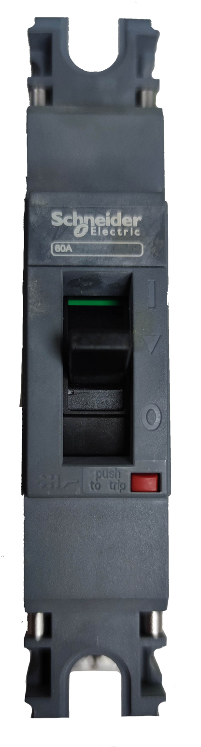 Schneider 60A 1 Pole Industrial Circuit Breaker 25KAIC with black toggle switch and gray housing