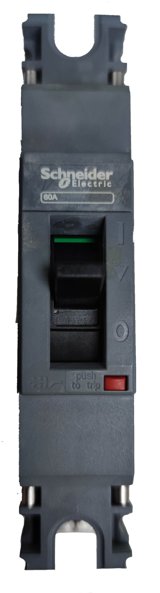 Schneider 60A 1 Pole Industrial Circuit Breaker 25KAIC with black toggle switch and gray housing