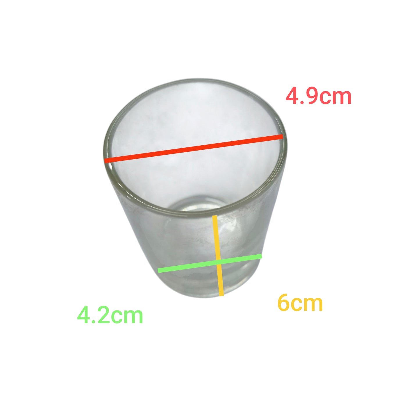 Clear 60ml shot glass with a 4.9cm rim and 4.2cm base, ideal for serving spirits
