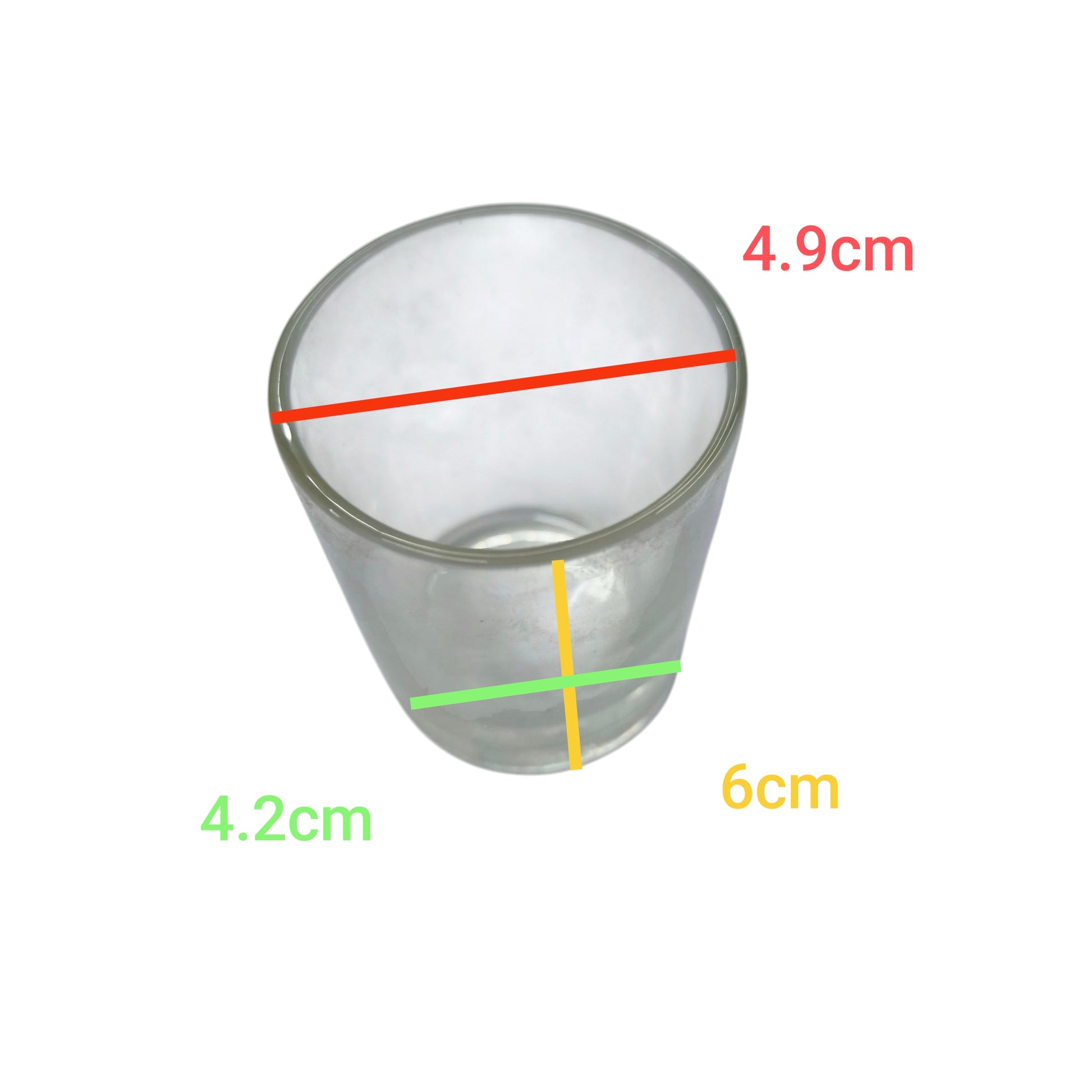 Clear 60ml shot glass with a 4.9cm rim and 4.2cm base, ideal for serving spirits