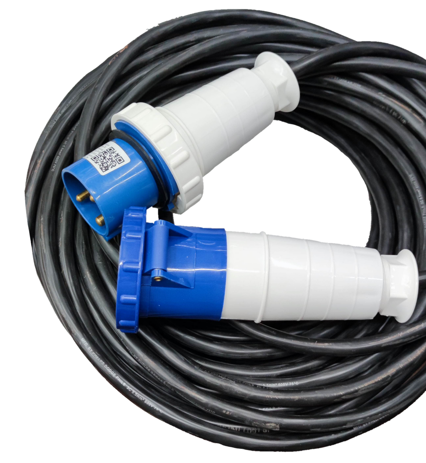 Grippes and Phelps Dodge 63A industrial plug and socket with long black heavy-duty cable