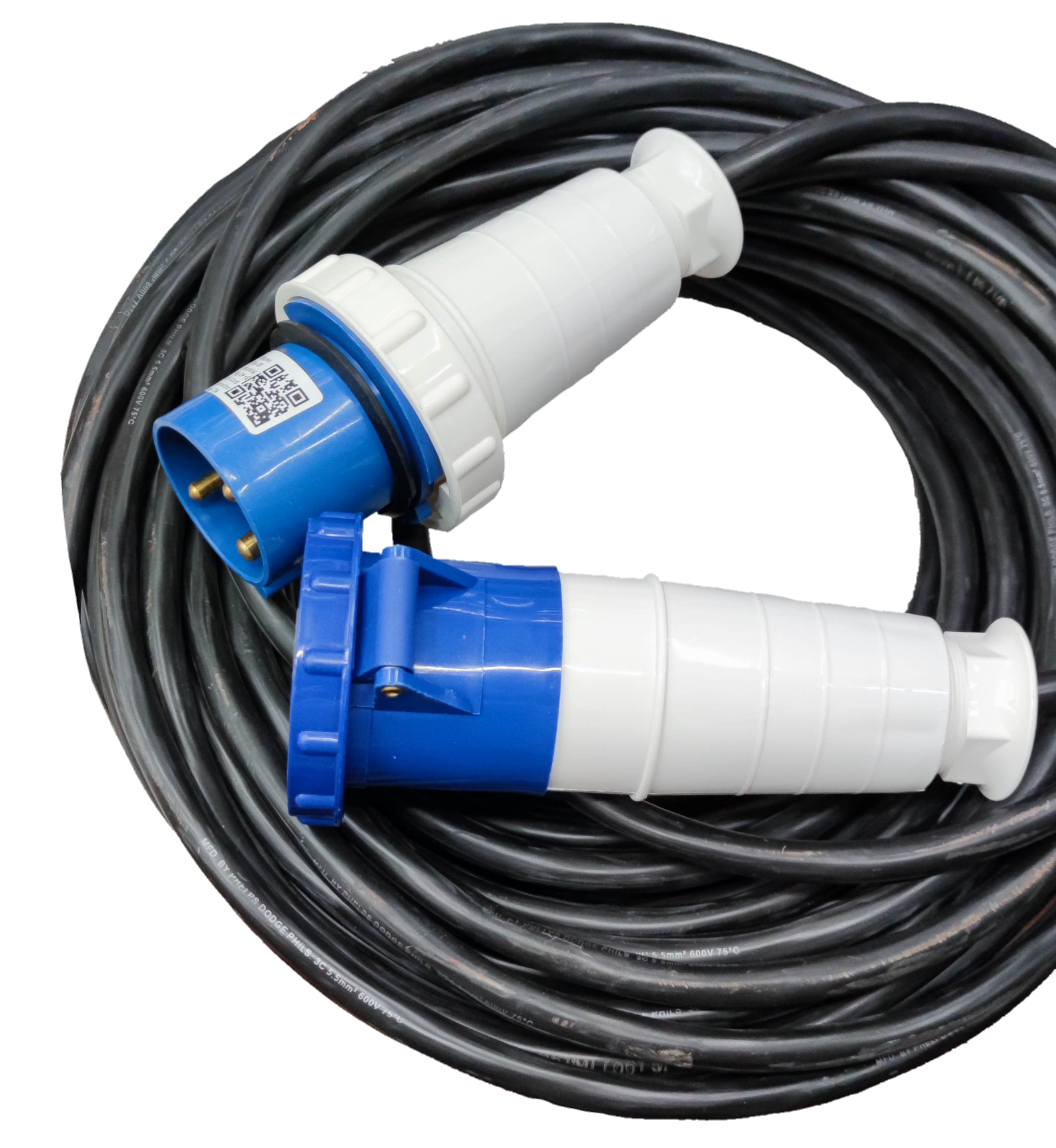 Grippes and Phelps Dodge 63A industrial plug and socket with long black heavy-duty cable