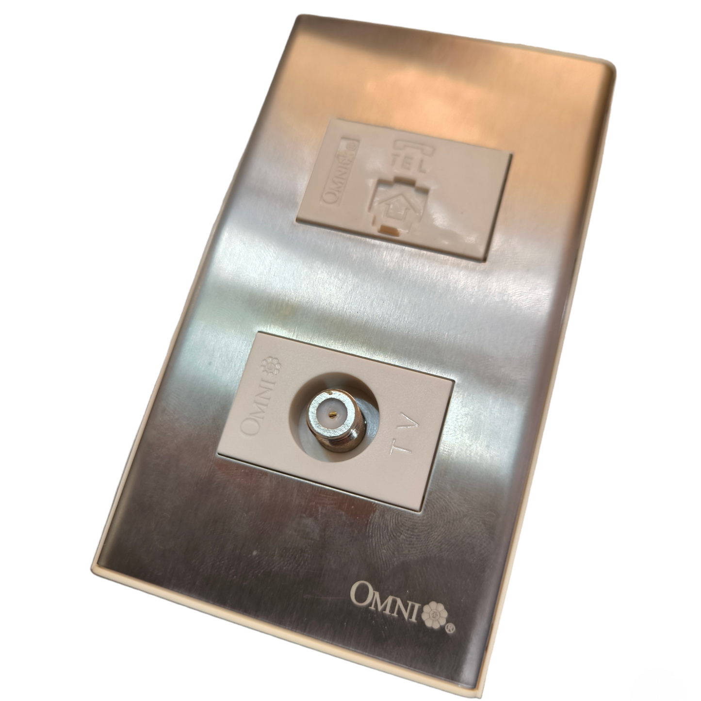 Omni 2 Gang Telephone Outlet and Cable Outlet with Stainless Plate Cover Wide Series WWP-112S+WWT-302+WWV-301
