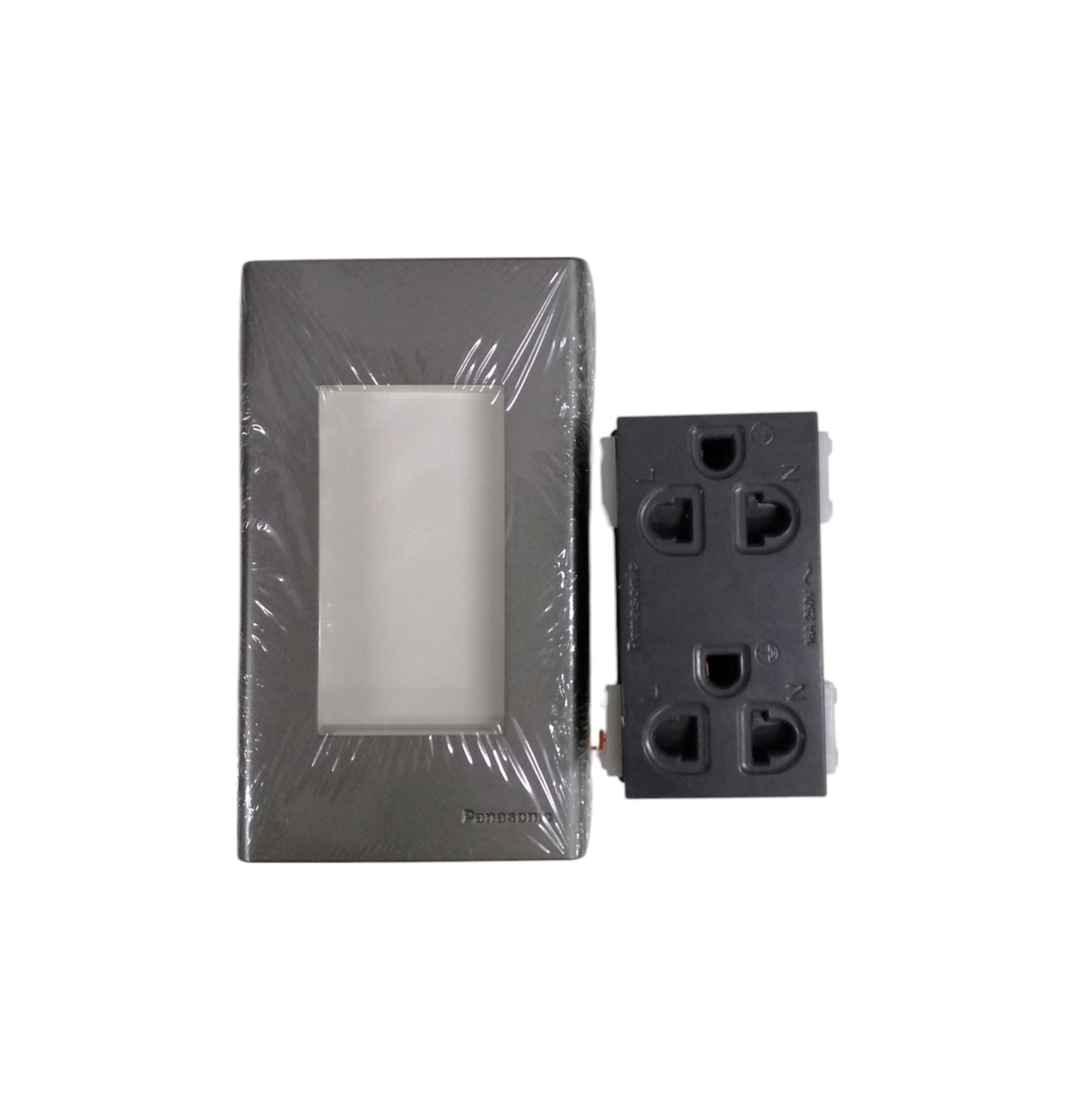 Panasonic Duplex Universal Outlet with Ground and Plate, 2 Gang Convenience Outlet with Ground and Plate 16A 250V Wide Color Refina Series Metallic Gray WEG6803MH-1/WEG15829H-5