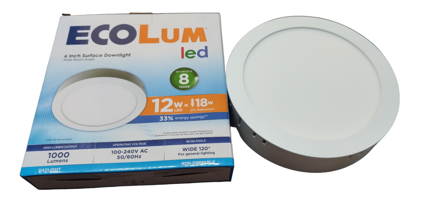 Ecolum 12W Daylight Surface Slim Downlight 6 inch 220V 6500K 6" LED Round Downlight