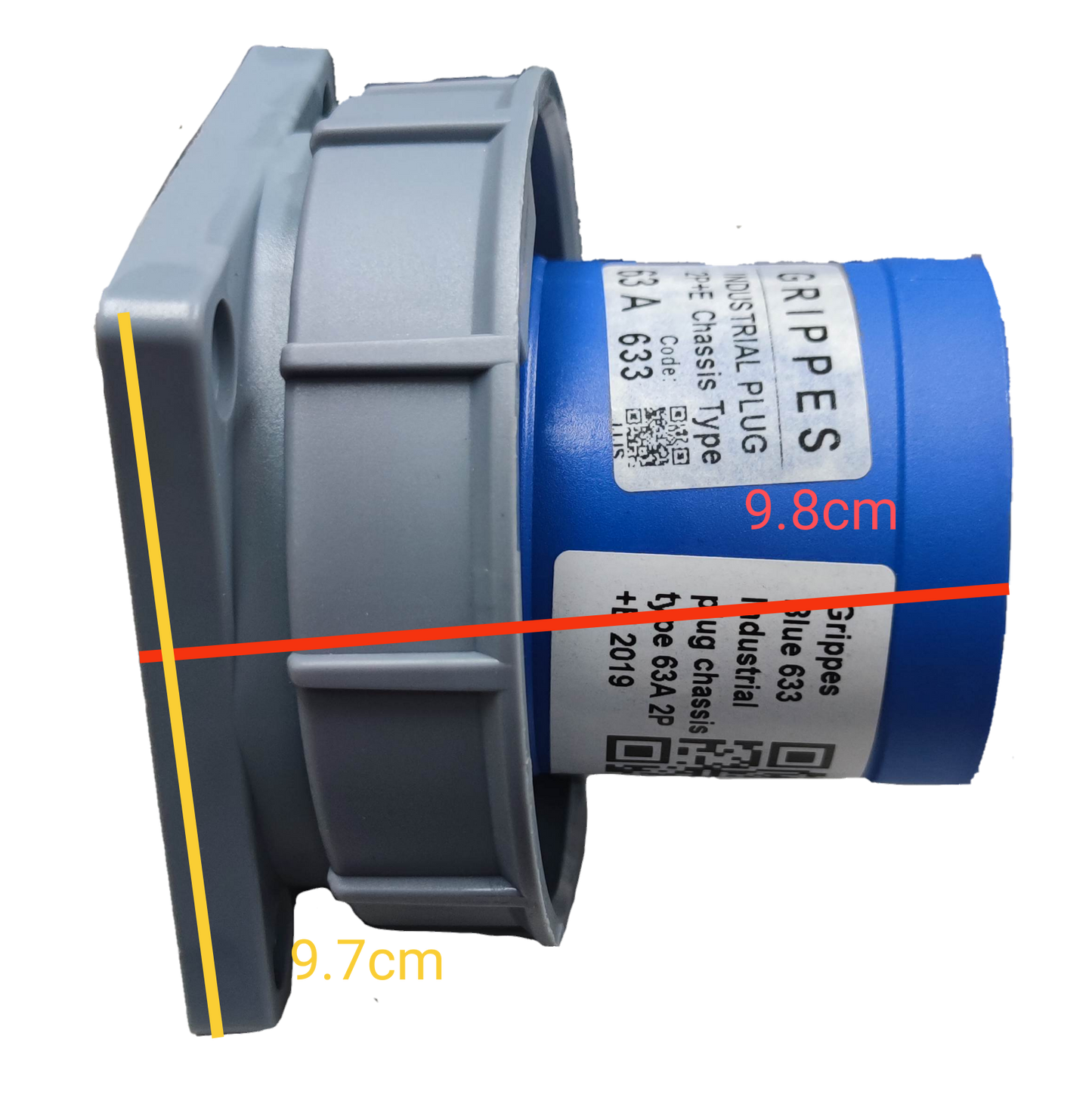 Grippes Industrial Plug 63A-6h 2P+E 220-250V Chassis Type IEC60309 #633