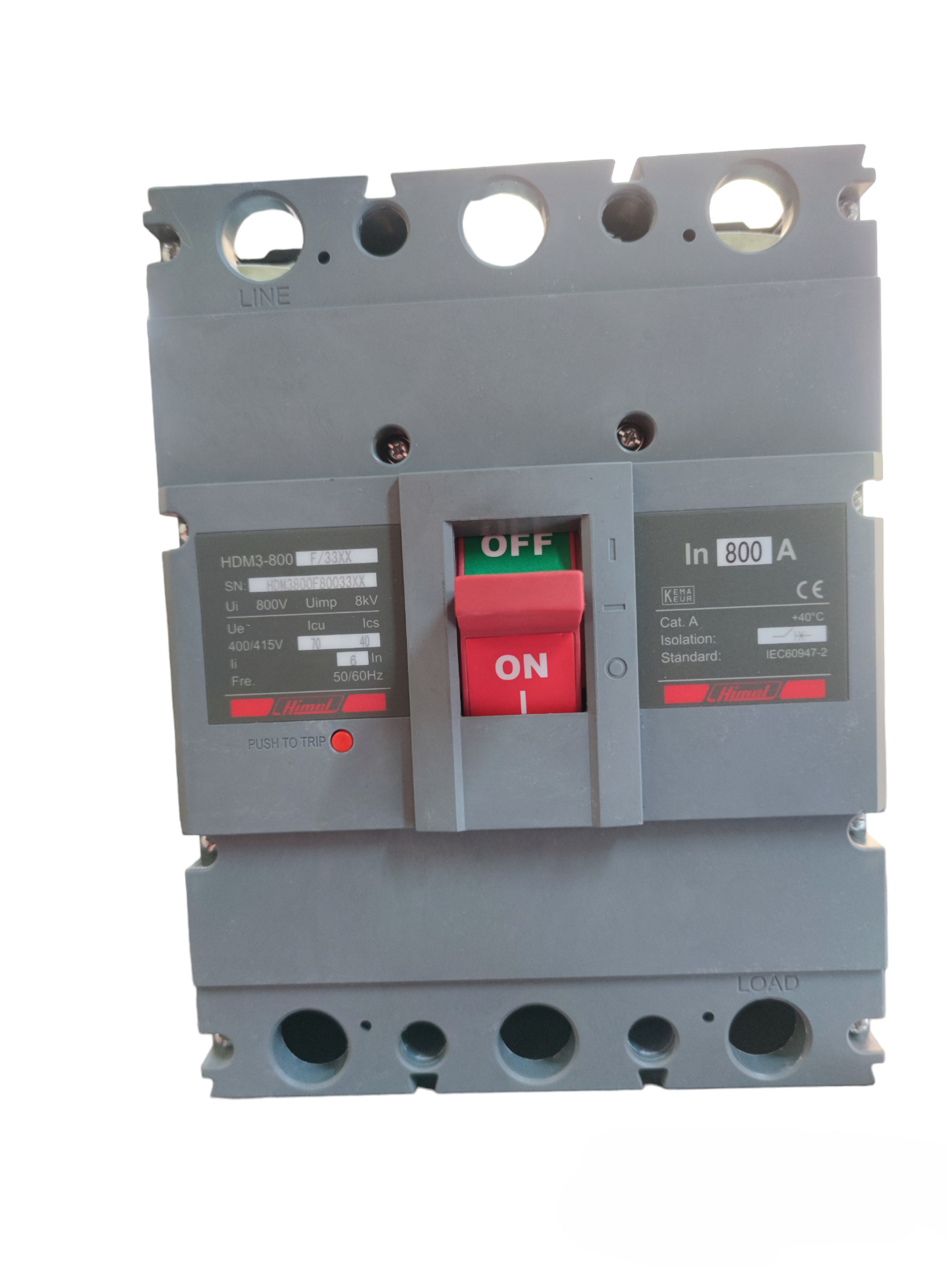 Himel 800A Industrial Circuit Breaker 3 Phase with red on off switch in gray casing