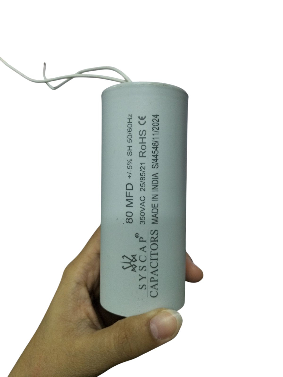 80MFD 350V ACRunning Capacitor by Syscap with two connecting wires for electrical applications