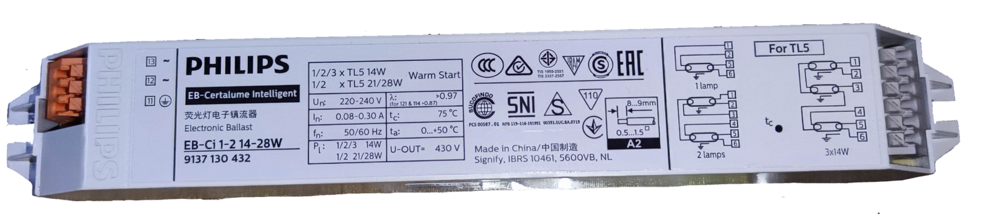 Philips Electronic Ballast 1x14W  2x14W  3x14W  1x28W 2x28W 1x21W 2x21W 220V, T-5 Ballast for 1/2/3 TL5 14W,  1/2 x TL5 21W/28W ( Philips) EB-Certalume Intelligent EB-Ci 1-2 14-28W
