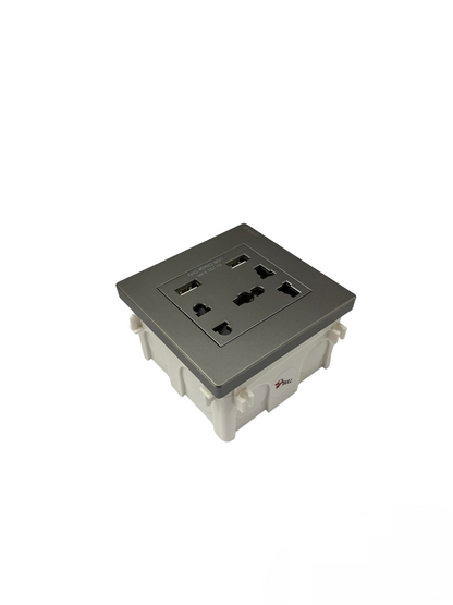 Opple Duplex Universal Outlet Square Gray 16A 250V with 2 Gang USB-A 5V 2.4A Outlet with Plate Cover and Square Utility Box F021685 H1G06