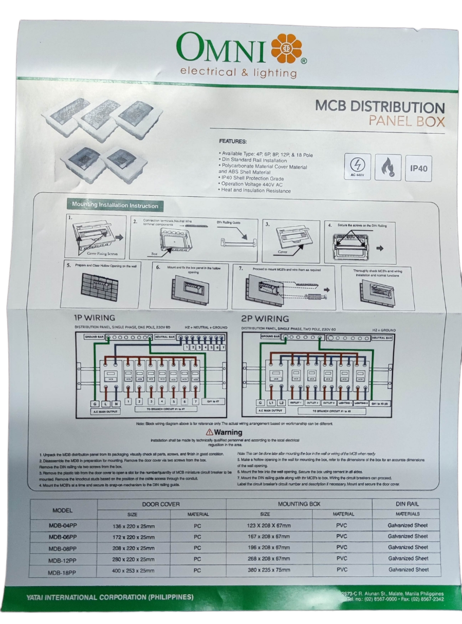 Omni 12 Ways Distribution Panel Box MDP-12PP Recessed Type Distribution Panel for Miniature Circuit Breaker