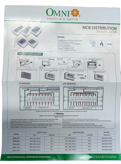 Omni 6 Ways Distribution Panel Box MDP-06PP Recessed Type Distribution Panel for Miniature Circuit Breaker