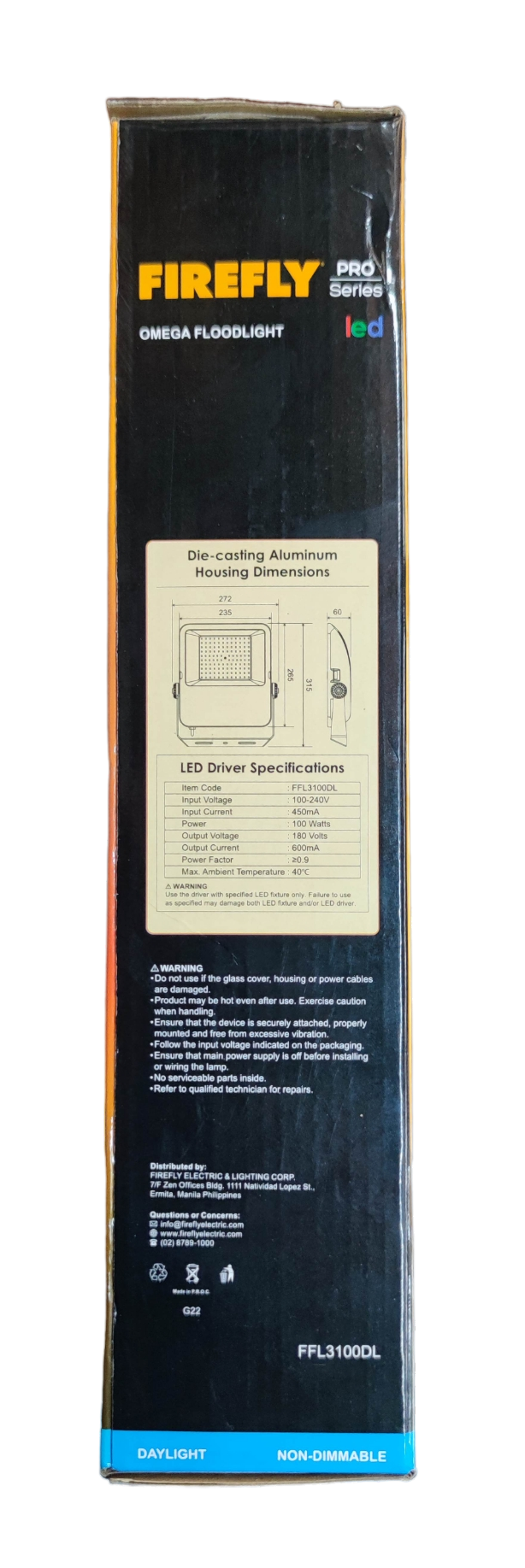 Firefly 100W LED Floodlight 220V Daylight 6500K FFL3100DL Omega Series Flood light
