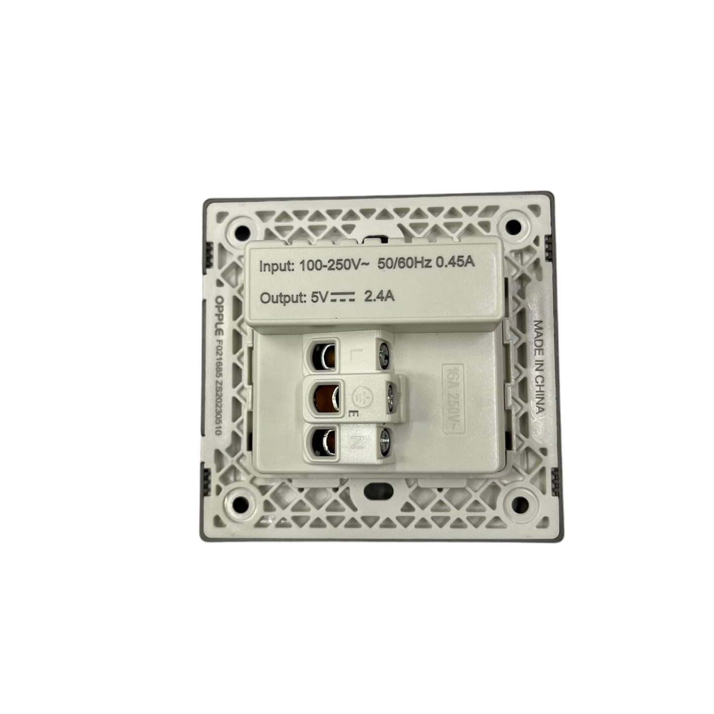 Opple Duplex Universal Outlet Square Gray 16A 250V with 2 Gang USB-A 5V 2.4A Outlet with Plate Cover F021685