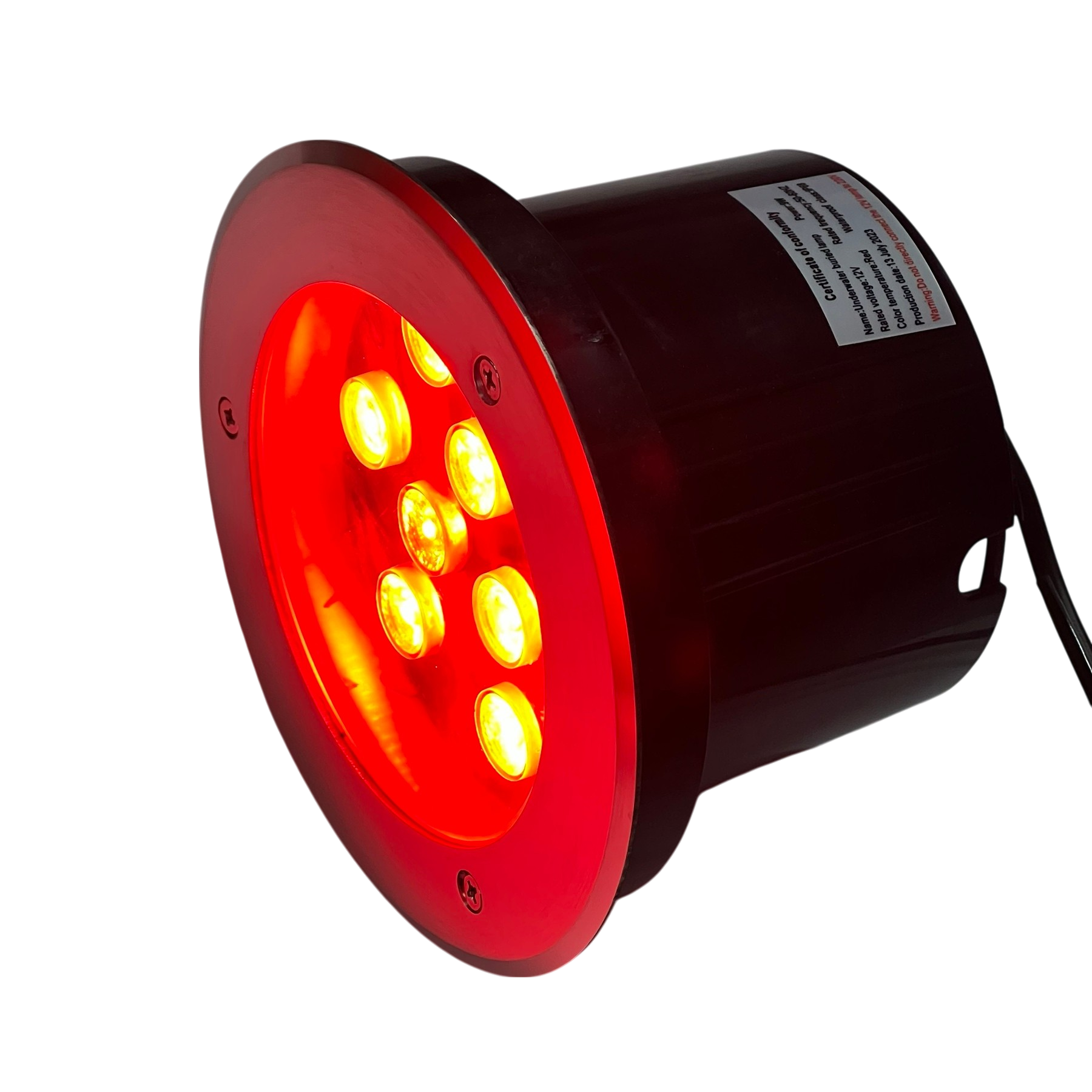 9W LED Pool Lights 12VDC Red with multiple LED bulbs in a circular black housing for pool lighting