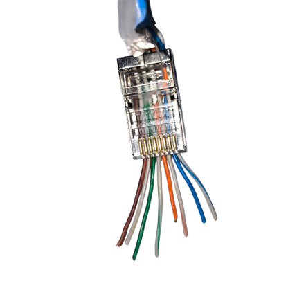 Close-up of a network cable connector with colored wires on a white background