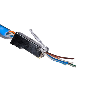 Close-up of a wire connector with colored wires on a white background AMP CAT5 RJ45 Connector Shielded Metal Pass Through Electx Electrical SUpply