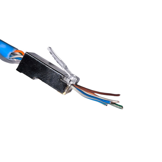 Close-up of a wire connector with colored wires on a white background AMP CAT5 RJ45 Connector Shielded Metal Pass Through Electx Electrical SUpply